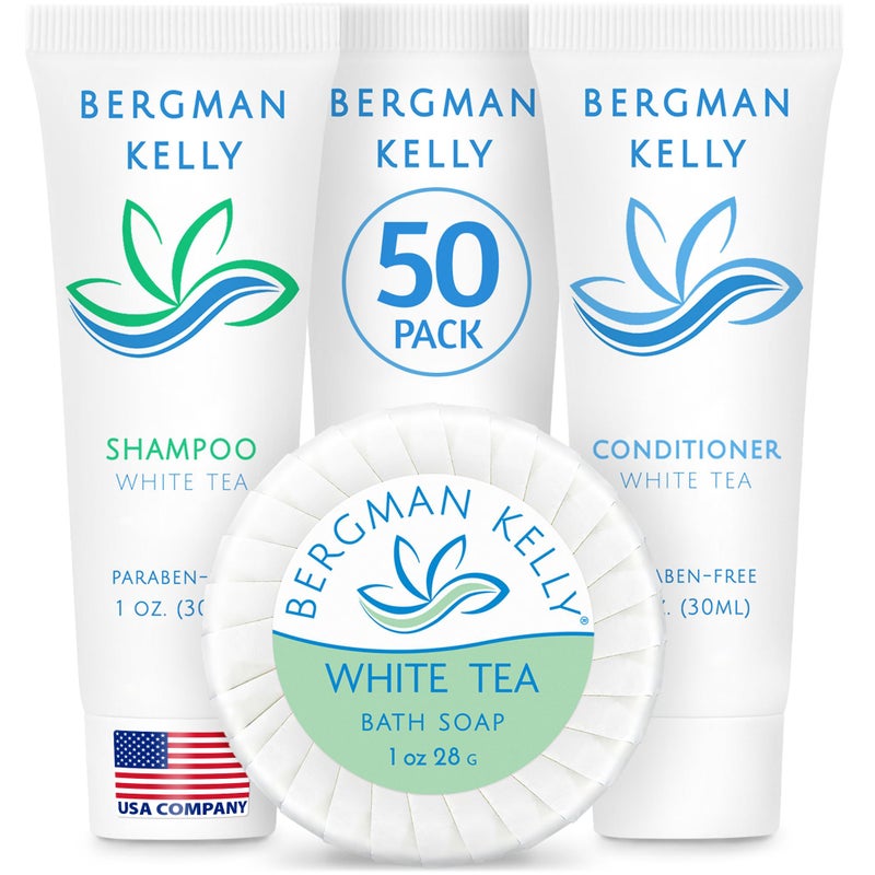 BERGMAN KELLY Round Hotel Soap Bars, Shampoo & Conditioner 3-Piece Set (1 oz each, 150 pc, White Tea), Delight Your Guests with Revitalizing & Refreshing Mini Travel Toiletries & Bulk Amenities - Image 1